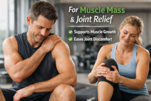 Male and female athletes seated in a gym, gently holding shoulder and knee joints to indicate recovery and comfort, visually supporting muscle mass support and joint relief benefits associated with Buy Ultima-Deca 500 for sustained muscle growth and reduced training discomfort.