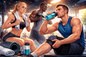 Athletes recovering after an intense workout hydrate and rest in a modern gym, symbolizing post-cycle recovery and hormonal balance associated with Ultima-HCG 10000IU for sale.