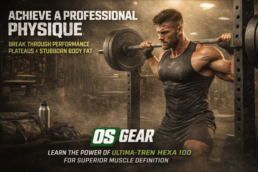 Ultima-Tren Hexa 100 anabolic steroid concept showing muscular athlete squatting heavy weights in gym, representing Trenbolone Hexahydrobenzylcarbonate for superior muscle definition, hardness, and power sourced via OSGear.to.