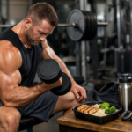 Buy Ultima-Deca 500 USA promotional image featuring a muscular athlete performing a dumbbell curl in a gym, with meal prep and supplements beside him, representing Nandrolone Decanoate by Ultima Pharmaceuticals – US for lean muscle growth and endurance.