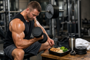 Buy Ultima-Deca 500 USA promotional image featuring a muscular athlete performing a dumbbell curl in a gym, with meal prep and supplements beside him, representing Nandrolone Decanoate by Ultima Pharmaceuticals – US for lean muscle growth and endurance.