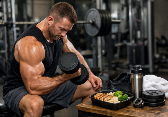 Buy Ultima-Deca 500 USA promotional image featuring a muscular athlete performing a dumbbell curl in a gym, with meal prep and supplements beside him, representing Nandrolone Decanoate by Ultima Pharmaceuticals – US for lean muscle growth and endurance.