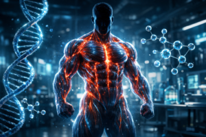 An anatomical visualization of muscle fibers showing the effects of Ultima-ACE-031 1mg for sale on protein synthesis and myostatin inhibition in a laboratory setting.