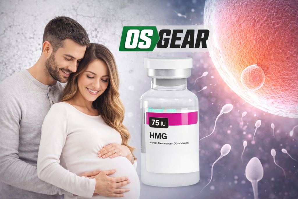 A pregnant woman and her partner next to a 75 IU vial of Ultima-HMG 75IU for sale from OSGear.to, with a background of fertilization and sperm cells.