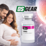 A pregnant woman and her partner next to a 75 IU vial of Ultima-HMG 75IU for sale from OSGear.to, with a background of fertilization and sperm cells.