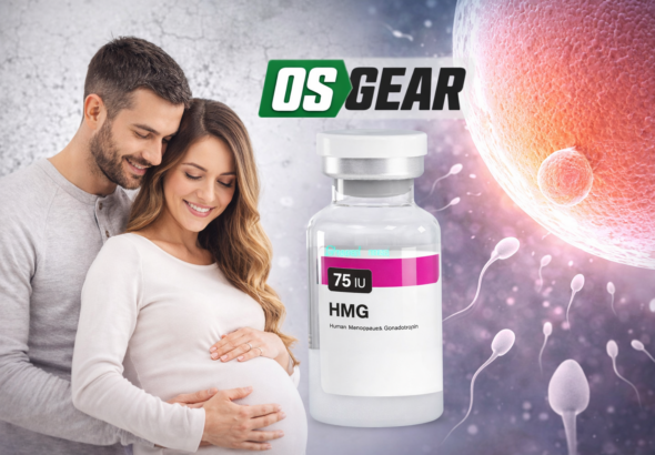A pregnant woman and her partner next to a 75 IU vial of Ultima-HMG 75IU for sale from OSGear.to, with a background of fertilization and sperm cells.