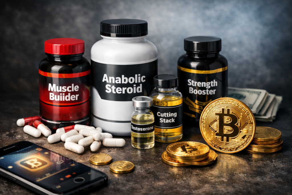 Steroid supplements, testosterone vials, and cutting stack bottles displayed with Bitcoin coins and smartphone wallet representing steroids for sale with Bitcoin secure crypto payment.