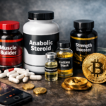 Steroid supplements, testosterone vials, and cutting stack bottles displayed with Bitcoin coins and smartphone wallet representing steroids for sale with Bitcoin secure crypto payment.