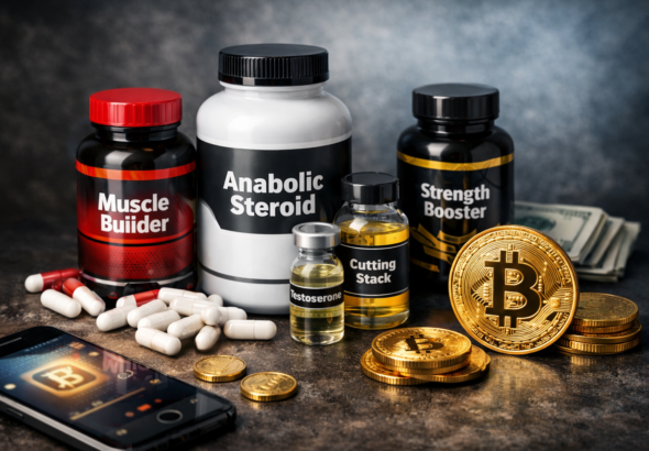 Steroid supplements, testosterone vials, and cutting stack bottles displayed with Bitcoin coins and smartphone wallet representing steroids for sale with Bitcoin secure crypto payment.