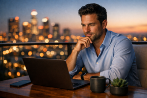 A professional achieving peak mental focus and clarity during high-stakes work, illustrating the impact of Ultima-ADAMAX 5mg for sale on cognitive performance and daily productivity.