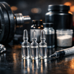 Three Pharma TEST P100 Ampoules for sale arranged on a dark gym table with a syringe, dumbbells, and supplement containers in a professional fitness setting.