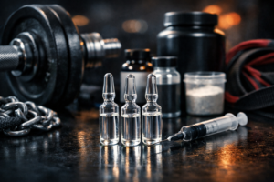 Three Pharma TEST P100 Ampoules for sale arranged on a dark gym table with a syringe, dumbbells, and supplement containers in a professional fitness setting.