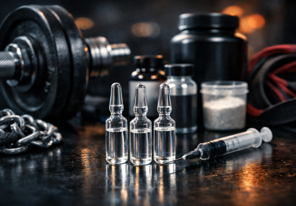 Three Pharma TEST P100 Ampoules for sale arranged on a dark gym table with a syringe, dumbbells, and supplement containers in a professional fitness setting.