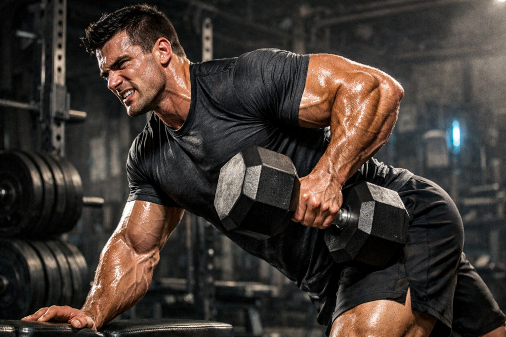 A powerful bodybuilder performing a heavy dumbbell row in a gritty gym, demonstrating the lean muscle growth results of Ultima-CJC1295 DAC 5mg for sale.
